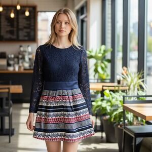 Oserjep Paris Dress Blue Lace‎ Beaded Trim Geometric Babydoll Flared Unique Sz S